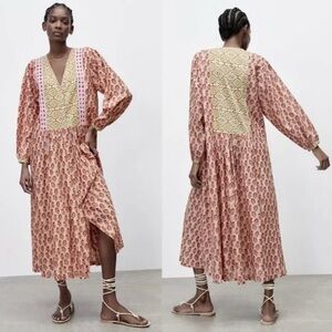 ZARA Rosie Crochet Trim Printed Maxi Dress Boho Pink Prairie Cotton Size XS